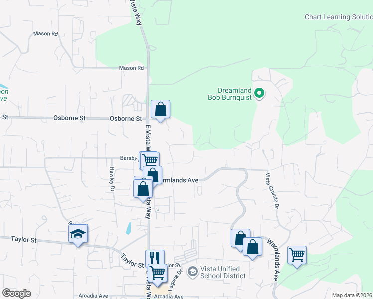 map of restaurants, bars, coffee shops, grocery stores, and more near 2318 Vista Grande Drive in Vista