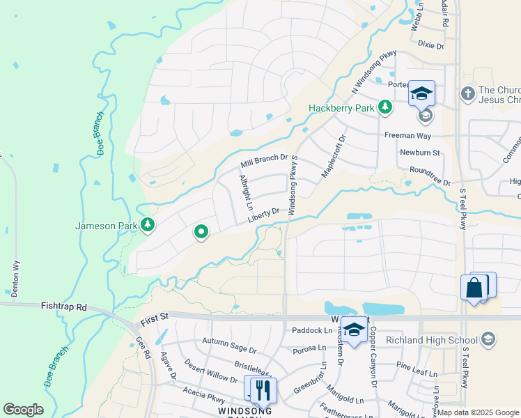 map of restaurants, bars, coffee shops, grocery stores, and more near 4410 Liberty Drive in Prosper