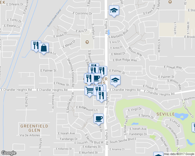 map of restaurants, bars, coffee shops, grocery stores, and more near 6300 South Higley Road in Gilbert