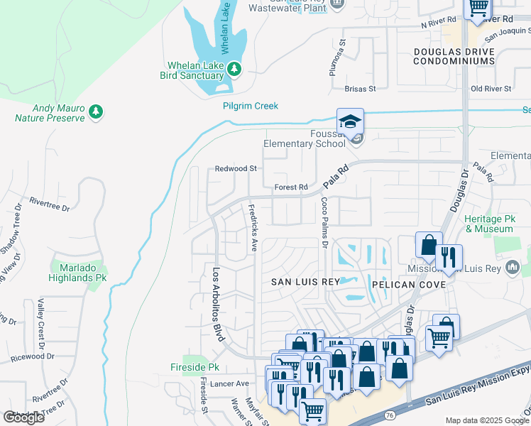 map of restaurants, bars, coffee shops, grocery stores, and more near 3895 Spanish Oak Court in Oceanside