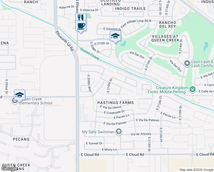map of restaurants, bars, coffee shops, grocery stores, and more near 23456 210th Street in Queen Creek