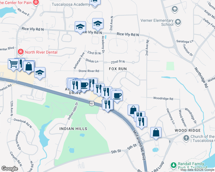 map of restaurants, bars, coffee shops, grocery stores, and more near 304 Riverdale Drive in Tuscaloosa