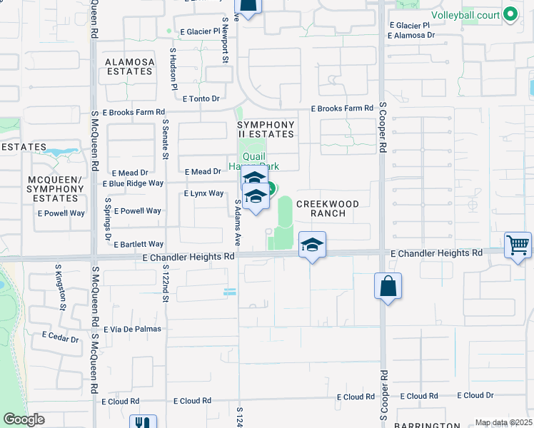 map of restaurants, bars, coffee shops, grocery stores, and more near 1550 East Chandler Heights Road in Chandler
