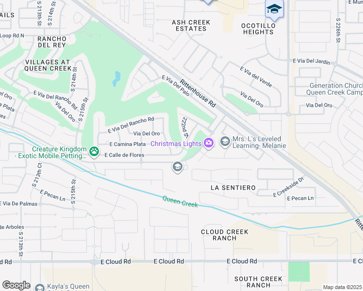 map of restaurants, bars, coffee shops, grocery stores, and more near 22156 East Calle de Flores in Queen Creek