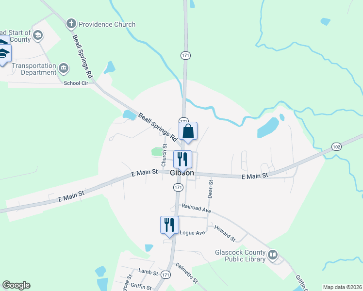 map of restaurants, bars, coffee shops, grocery stores, and more near 147 Beall Springs Rd in Gibson