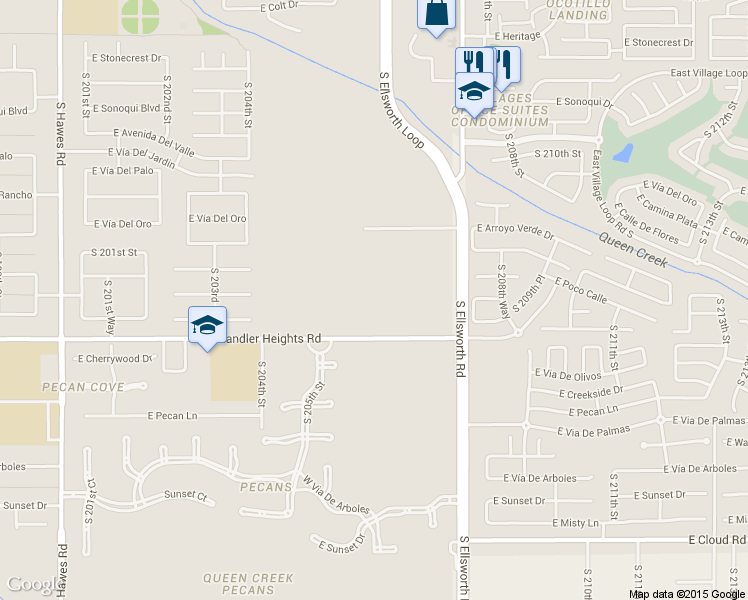 map of restaurants, bars, coffee shops, grocery stores, and more near 23410 South Ellsworth Road in Queen Creek