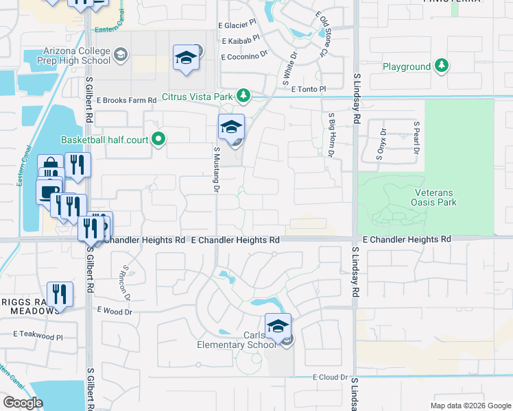 map of restaurants, bars, coffee shops, grocery stores, and more near 3662 East San Carlos Place in Chandler