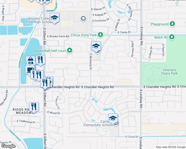 map of restaurants, bars, coffee shops, grocery stores, and more near 3494 East San Carlos Place in Chandler