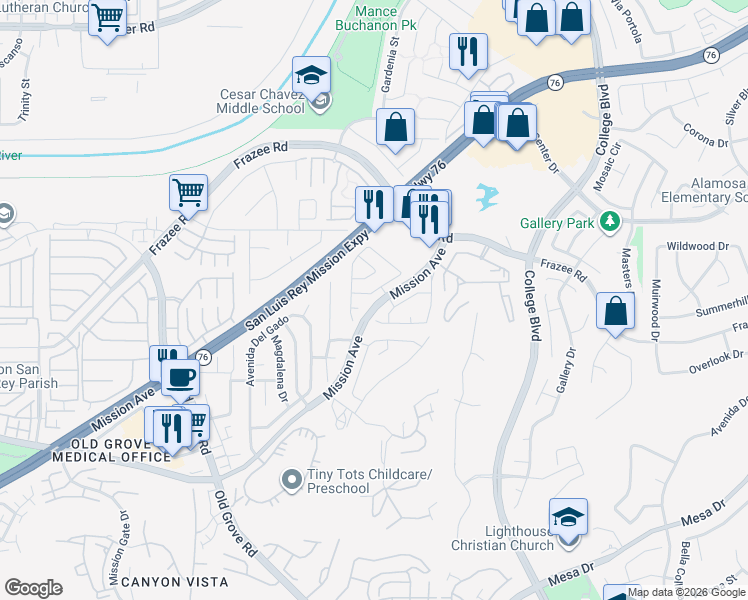 map of restaurants, bars, coffee shops, grocery stores, and more near 4709 Ventana Way in Oceanside