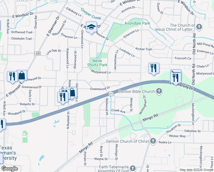 map of restaurants, bars, coffee shops, grocery stores, and more near 1701 Greenwood Drive in Denton