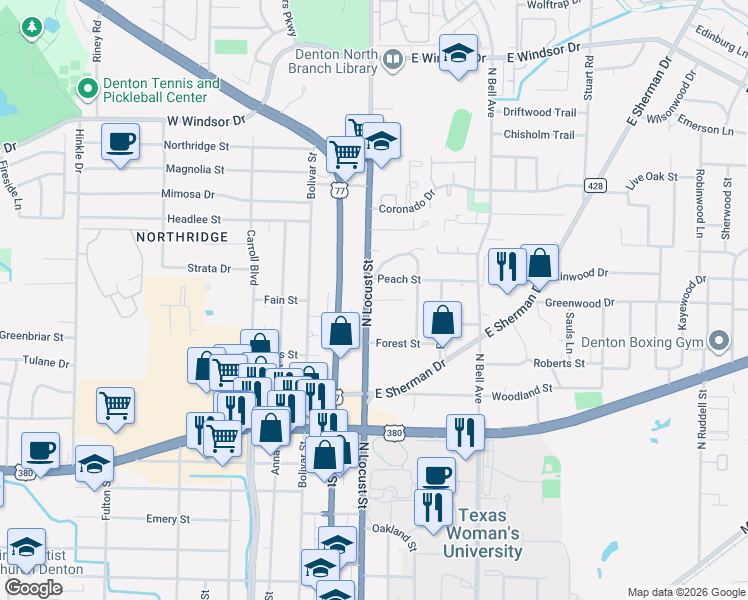 map of restaurants, bars, coffee shops, grocery stores, and more near 114 Owens Lane in Denton