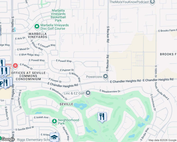 map of restaurants, bars, coffee shops, grocery stores, and more near 3850 East Palmer Street in Gilbert