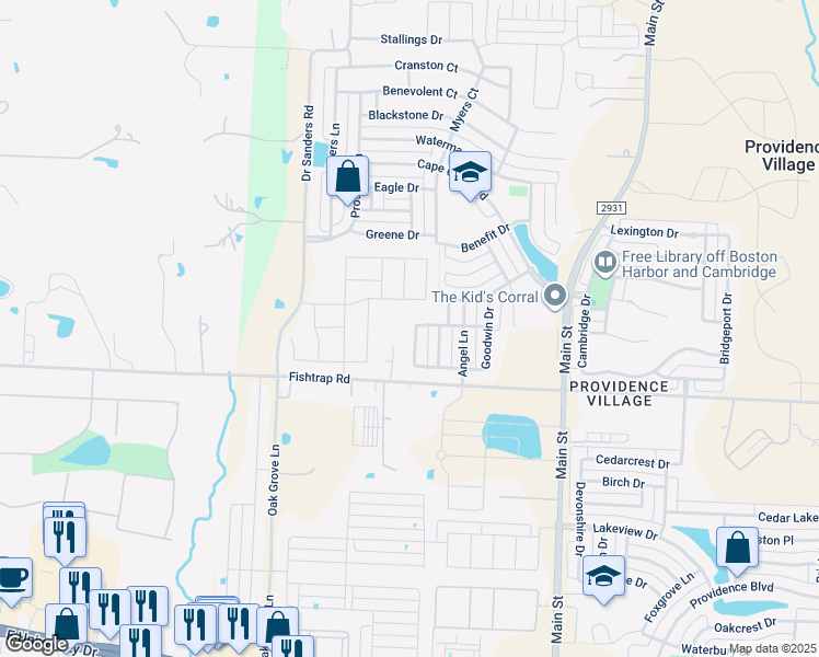 map of restaurants, bars, coffee shops, grocery stores, and more near 1637 Mary Lane in Aubrey