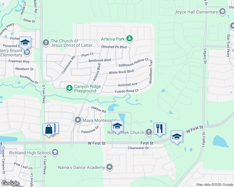 map of restaurants, bars, coffee shops, grocery stores, and more near 16408 Toledo Bend Court in Prosper