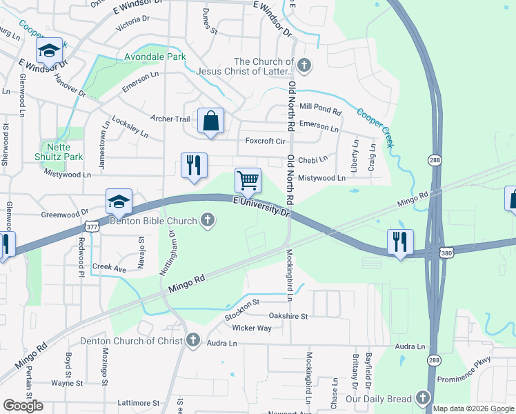 map of restaurants, bars, coffee shops, grocery stores, and more near 1706 Village East Drive in Denton