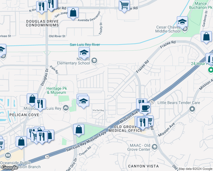 map of restaurants, bars, coffee shops, grocery stores, and more near 335 Alamo Way in Oceanside