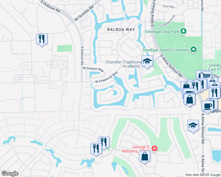 map of restaurants, bars, coffee shops, grocery stores, and more near 1724 West Blue Ridge Way in Chandler