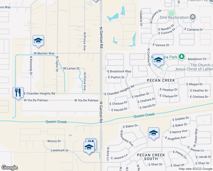 map of restaurants, bars, coffee shops, grocery stores, and more near 39258 Kelly Circle in Queen Creek