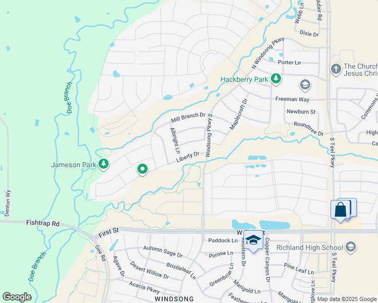 map of restaurants, bars, coffee shops, grocery stores, and more near 4410 Liberty Drive in Prosper