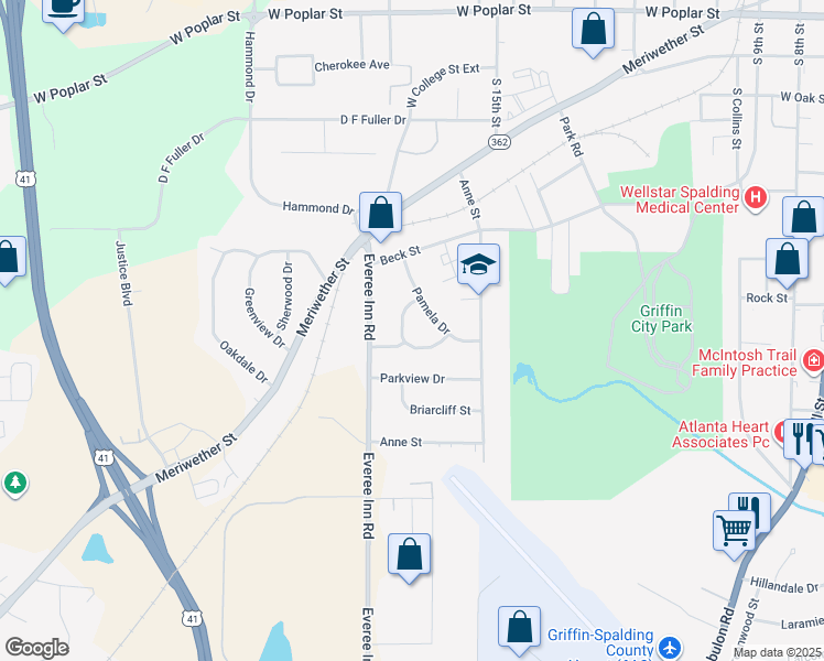 map of restaurants, bars, coffee shops, grocery stores, and more near 1112 George Circle in Griffin