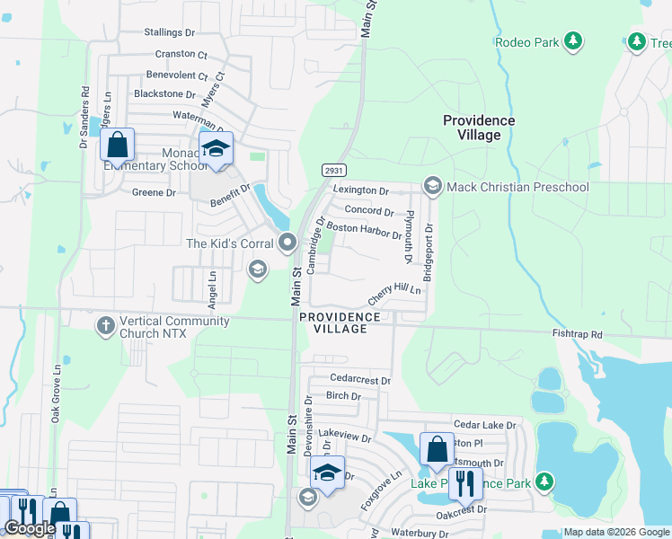 map of restaurants, bars, coffee shops, grocery stores, and more near 9907 Martha's Vineyard Circle in Aubrey