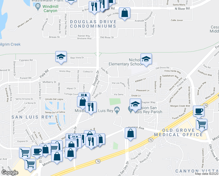 map of restaurants, bars, coffee shops, grocery stores, and more near 331 Via Serra in Oceanside