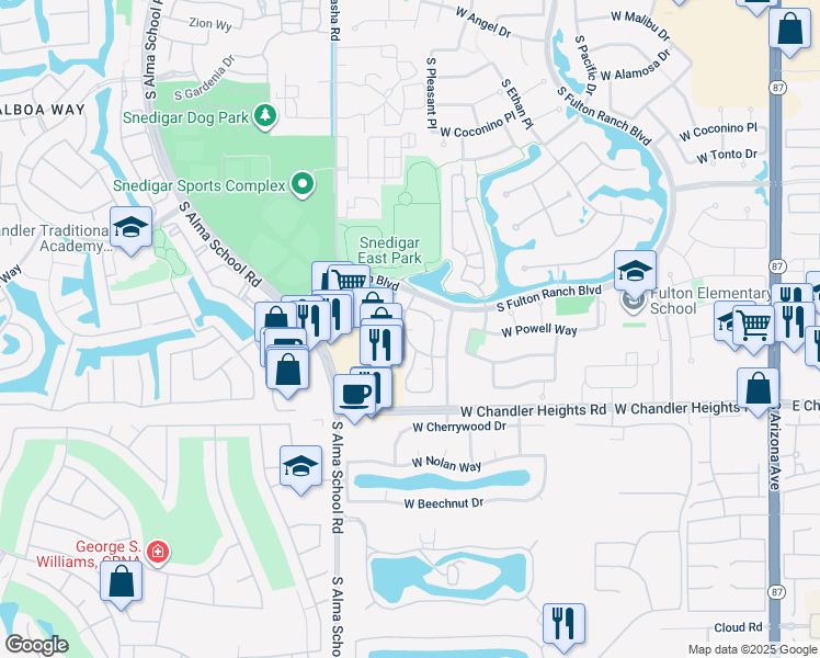 map of restaurants, bars, coffee shops, grocery stores, and more near 4777 South Fulton Ranch Boulevard in Chandler