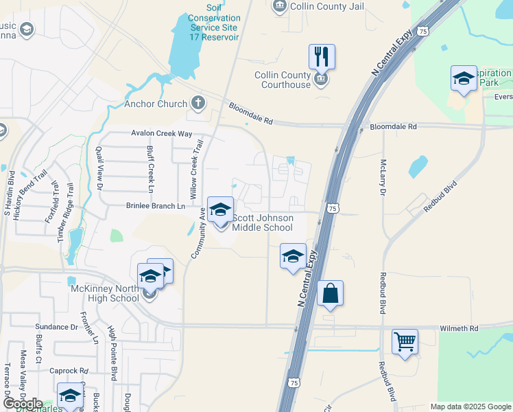 map of restaurants, bars, coffee shops, grocery stores, and more near 3521 James Pitts Drive in McKinney