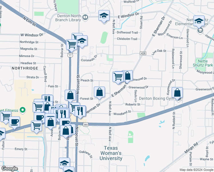 map of restaurants, bars, coffee shops, grocery stores, and more near 2219 North Bell Avenue in Denton