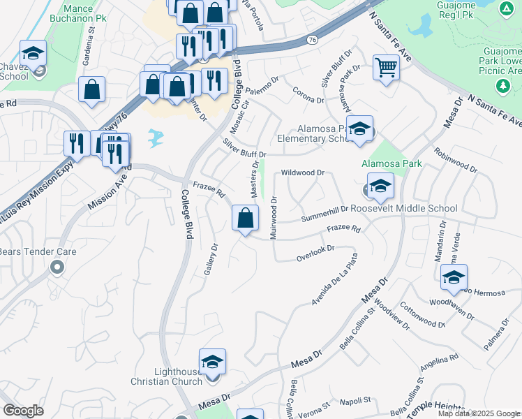 map of restaurants, bars, coffee shops, grocery stores, and more near 858 Masters Drive in Oceanside