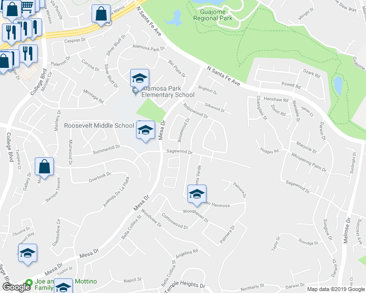 map of restaurants, bars, coffee shops, grocery stores, and more near 5209 Rosewood Dr in Oceanside
