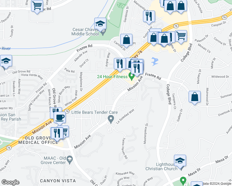map of restaurants, bars, coffee shops, grocery stores, and more near 4709 Ventana Way in Oceanside