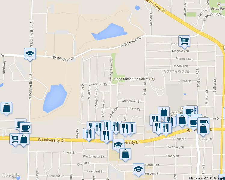 map of restaurants, bars, coffee shops, grocery stores, and more near 2100 Bowling Green Street in Denton