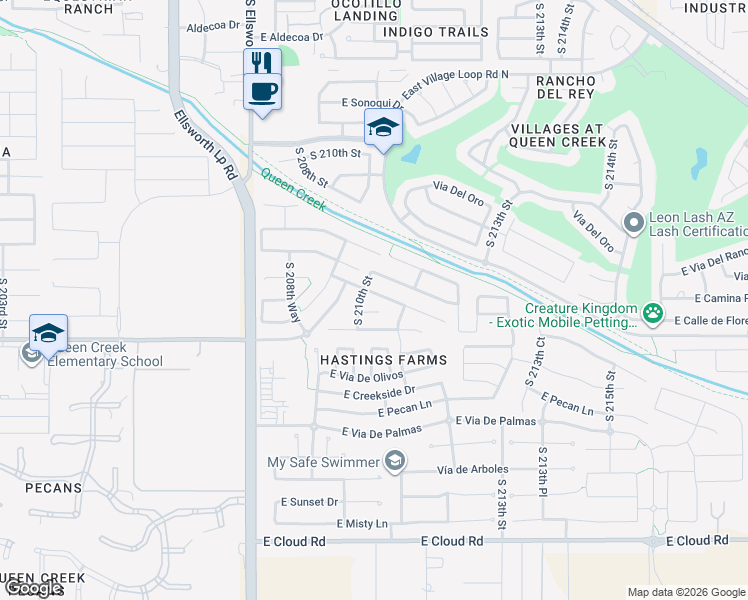 map of restaurants, bars, coffee shops, grocery stores, and more near 21071 East Poco Calle in Queen Creek