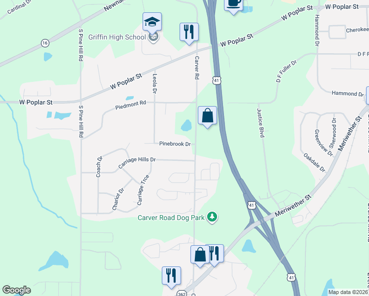 map of restaurants, bars, coffee shops, grocery stores, and more near 1604 Pinebrook Drive in Griffin