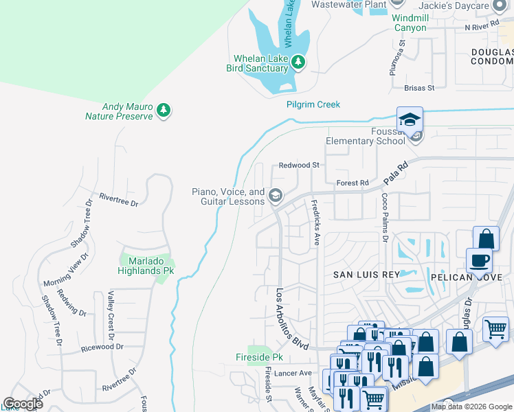 map of restaurants, bars, coffee shops, grocery stores, and more near 730 Kingbird Loop in Oceanside