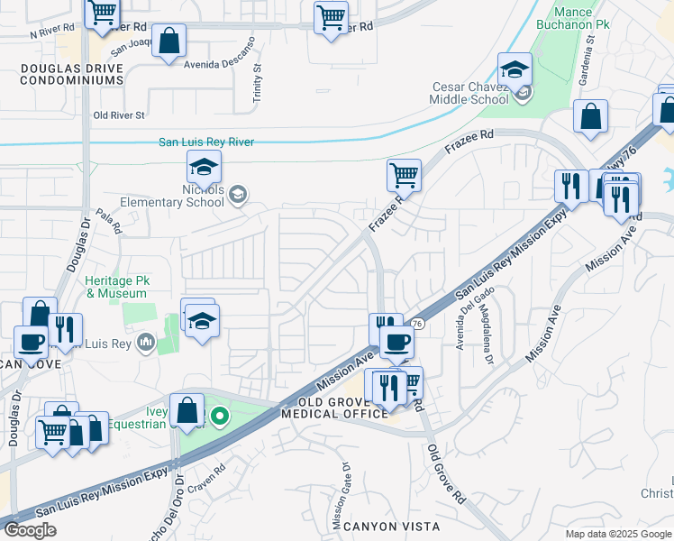map of restaurants, bars, coffee shops, grocery stores, and more near 349 Spring Canyon Way in Oceanside