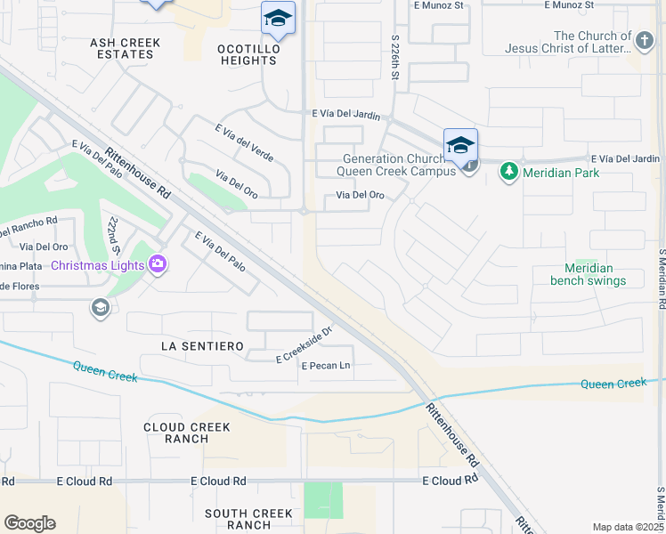 map of restaurants, bars, coffee shops, grocery stores, and more near 23434 225th Street in Queen Creek