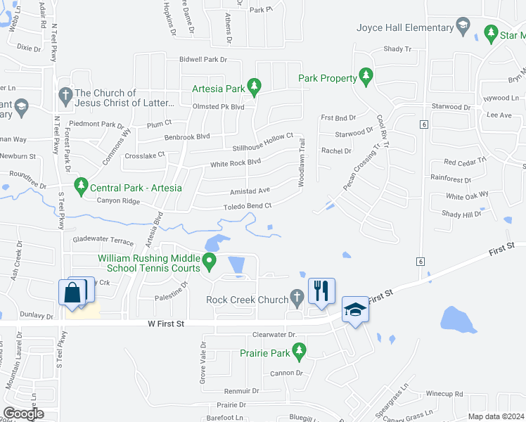 map of restaurants, bars, coffee shops, grocery stores, and more near 16528 Toledo Bend Court in Prosper