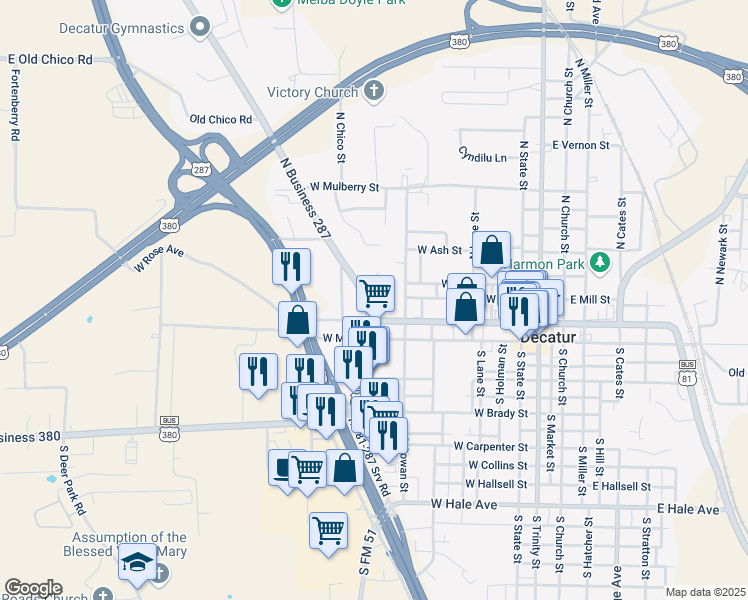 map of restaurants, bars, coffee shops, grocery stores, and more near 704 West Walnut Street in Decatur