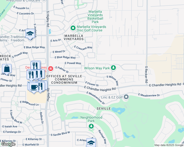 map of restaurants, bars, coffee shops, grocery stores, and more near 6274 South Moccasin Trail in Gilbert