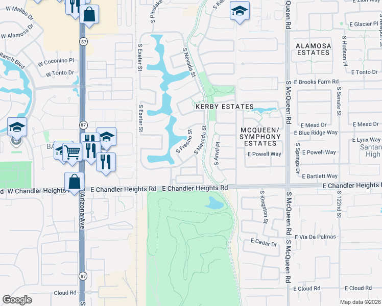 map of restaurants, bars, coffee shops, grocery stores, and more near 4860 South Nevada Street in Chandler