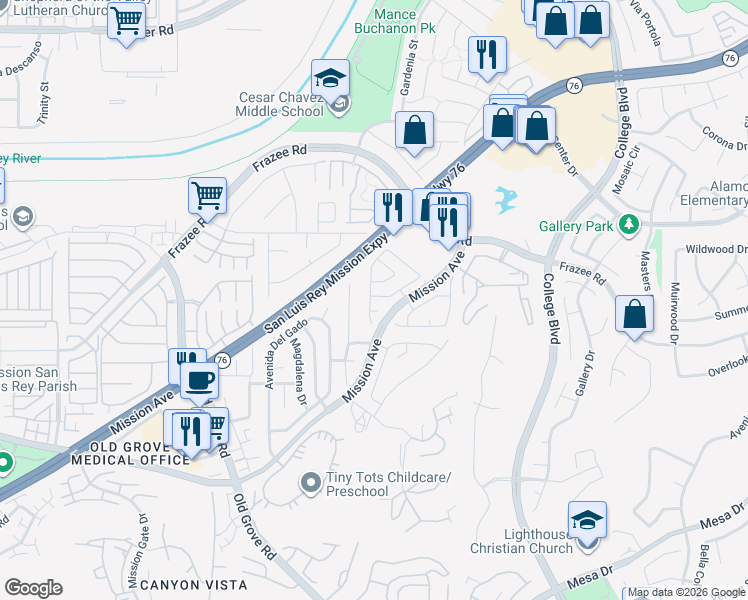 map of restaurants, bars, coffee shops, grocery stores, and more near 4709 Ventana Way in Oceanside