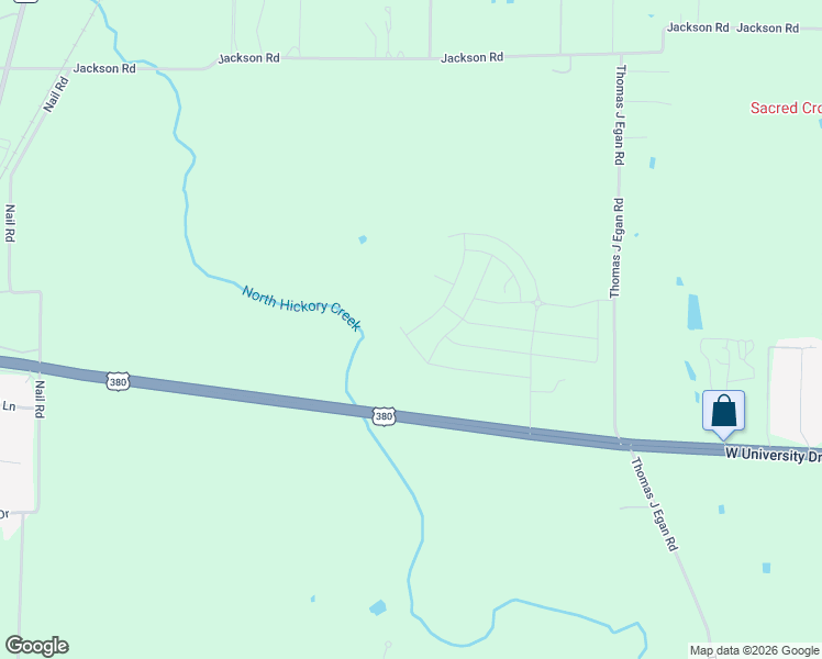 map of restaurants, bars, coffee shops, grocery stores, and more near West University Drive in Krum