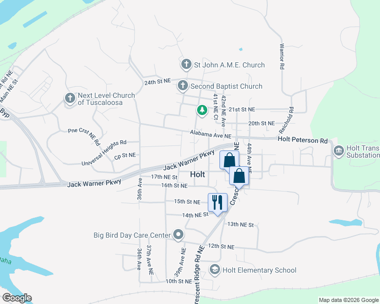map of restaurants, bars, coffee shops, grocery stores, and more near Jack Warner Parkway Northeast in Tuscaloosa
