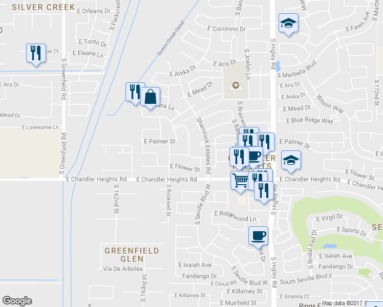 map of restaurants, bars, coffee shops, grocery stores, and more near 2876 East Janelle Way in Gilbert