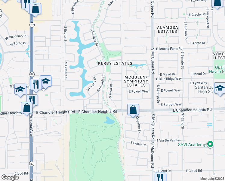 map of restaurants, bars, coffee shops, grocery stores, and more near 762 East Powell Way in Chandler