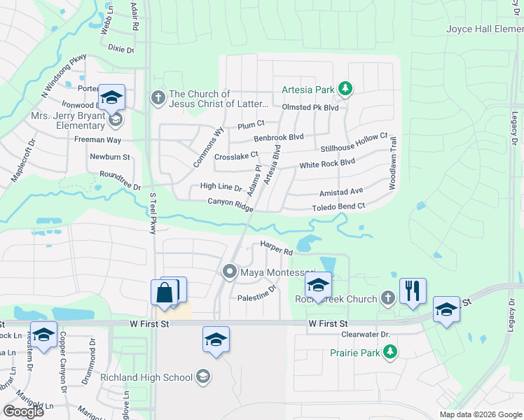 map of restaurants, bars, coffee shops, grocery stores, and more near 1600 Medina Lane in Prosper