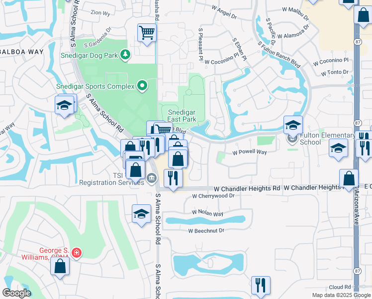 map of restaurants, bars, coffee shops, grocery stores, and more near 4777 South Fulton Ranch Boulevard in Chandler