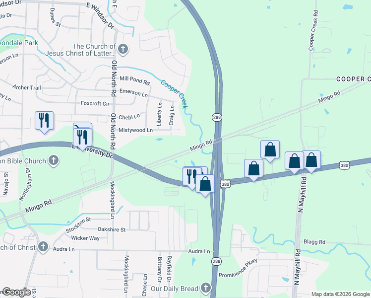map of restaurants, bars, coffee shops, grocery stores, and more near 1910 Virginia Circle in Denton
